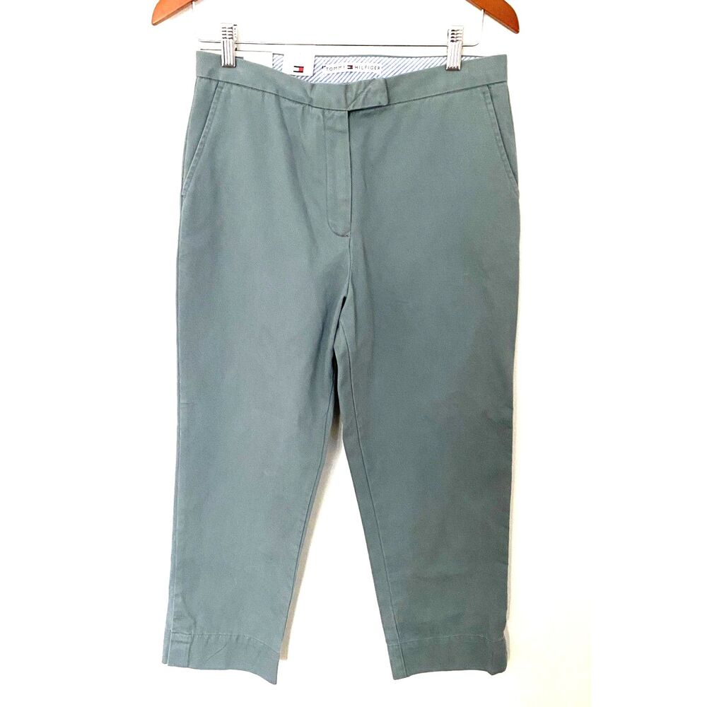 NWT Tommy Hilfiger Green Chinos Relaxed Fit Flat Front Cropped 100% Cotton Sz 8